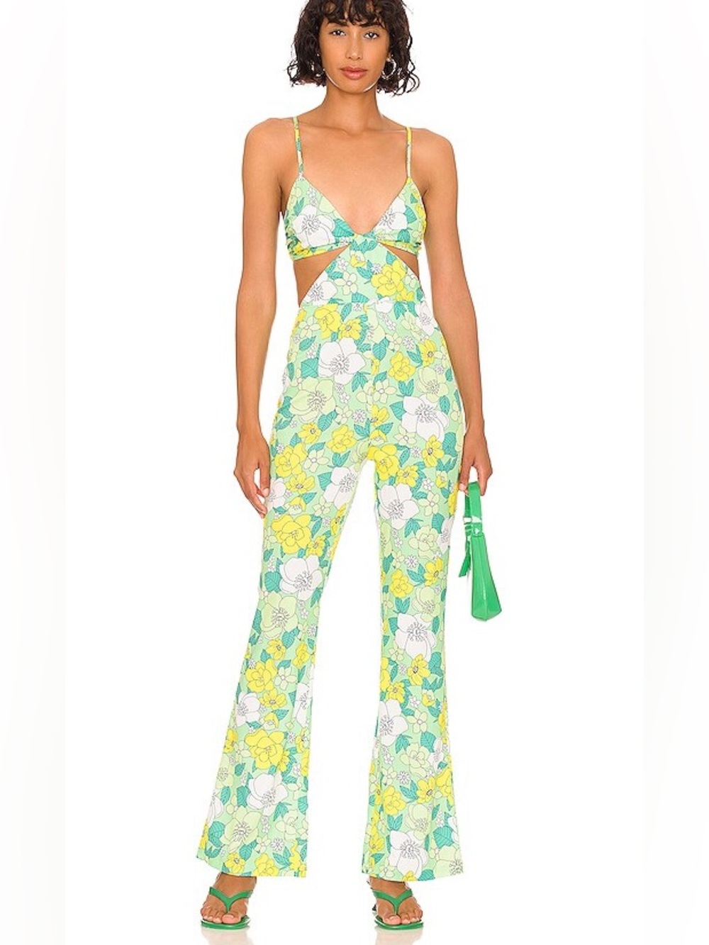 Cutout Floral Boot‑Leg Jumpsuit in Mint & Yellow - Picture 1 of 3